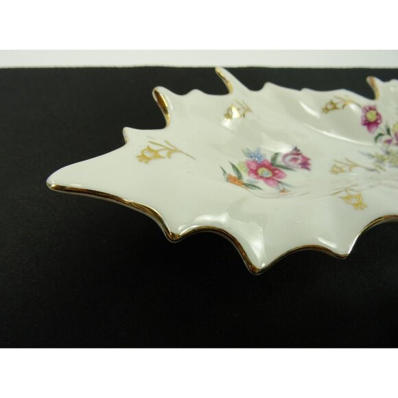 Vintage Dresden Style Leaf Dish Lot of 2 Hand Painted Floral Flowers Gold Trim - Picture 11 of 16